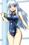  blue_hair blue_swimsuit breasts clipboard competition_swimsuit d-m_(dii_emu) highres kamishirasawa_keine long_hair medium_breasts multicolored_hair one-piece_swimsuit open_mouth purple_eyes red_eyes silver_hair smile solo swimsuit touhou two-tone_hair whistle 