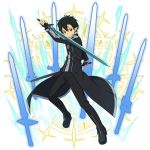  black_cape black_eyes black_footwear black_gloves black_hair black_pants boots cape dual_wielding fingerless_gloves full_body gloves hair_between_eyes holding holding_sword holding_weapon kirito kirito_(sao-alo) looking_at_viewer male_focus official_art pants pointy_ears solo sword sword_art_online sword_art_online:_code_register weapon 