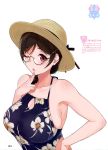  2017 absurdres akizono_kanna artist_name bangs bare_shoulders blue_dress blush body_blush braid braided_ponytail breasts brown-framed_eyewear brown_hair brown_hat dengeki_moeou dress english eyebrows_visible_through_hair finger_to_chin floral_print glasses hair_between_eyes hair_ornament hair_over_shoulder hairclip halter_dress halterneck hat highres large_breasts long_hair magazine_scan mole mole_under_mouth official_art one_eye_closed page_number parted_bangs parted_lips pink_lips red_eyes sasamori_tomoe scan semi-rimless_eyewear shiny shiny_skin simple_background single_braid skindentation straw_hat succubus_stayed_life translation_request upper_body white_background 
