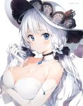  absurdres arm_across_chest armlet azur_lane bangs bare_shoulders blue_eyes blunt_bangs blush breasts choker cleavage collarbone dress elbow_gloves eyebrows_visible_through_hair eyes_visible_through_hair gloves hair_ornament hair_ribbon hand_in_hair hat highres holding holding_hair illustrious_(azur_lane) jewelry lace-trimmed_choker lace_trim large_breasts long_hair looking_at_viewer low_twintails mole mole_under_eye pendant ribbon sapphire_(stone) simple_background smile solo sun_hat tress_ribbon twintails umibouzu_(niito) upper_body white_background white_dress white_gloves white_hair white_hat 