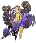  blonde_hair braid briar_rose_(sinoalice) crown dark_persona empty_eyes expressionless flower full_body half-nightmare ji_no messy_hair multicolored multicolored_skin official_art one_eye_covered pale_skin purple_skin sinoalice sitting solo thorns transparent_background yellow_eyes 