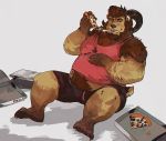  2017 4_toes 5_fingers abel_(zerostar) anthro bear beard belly big_belly black_underwear brown_hair caprine clothing eating facial_hair food fur hair horn hybrid male mammal open_mouth overweight overweight_male pizza pizza_box shirt simple_background smile solo stomach_hair tank_top toes underwear vetrowolf white_background 