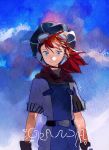  blue_background blue_eyes closed_mouth floating_hair goggles goggles_on_head grandia grandia_i hat justin_(grandia) looking_at_viewer male_focus red_hair short_sleeves smile solo traditional_media ukumo_uichi watercolor_(medium) wind 