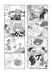  4koma apron armor bell bikini_armor bikini_top checkered checkered_kimono comic flower greyscale hair_bell hair_flower hair_ornament hieda_no_akyuu imijikumo36 japanese_clothes kimono long_sleeves magical_girl medium_hair monochrome motoori_kosuzu multiple_girls short_hair skirt touhou translated twintails two_side_up 