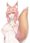  animal_ears blush breasts collarbone fang fate/grand_order fate_(series) food food_in_mouth fox_ears fox_tail highres ice large_breasts long_hair pink_hair see-through see-through_silhouette shirt simple_background solo tail tail_raised tamamo_(fate)_(all) tamamo_no_mae_(fate) tamamo_no_mae_(swimsuit_lancer)_(fate) very_long_hair wet wet_clothes wet_shirt wet_t-shirt white_background xiaobai_(cheng_pan) yellow_eyes 