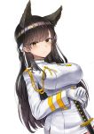  absurdres animal_ears atago_(azur_lane) azur_lane bad_id bad_pixiv_id bangs black_hair blush breasts brown_eyes closed_mouth commentary extra_ears eyebrows_visible_through_hair gloves gui_ss hair_ornament hair_ribbon hands_together highres large_breasts long_hair long_sleeves looking_at_viewer medal military military_uniform miniskirt mole mole_under_eye ribbon sidelocks simple_background skirt solo swept_bangs uniform upper_body white_background white_ribbon 