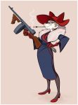  bobcat cigarette cigarette_holder clothed clothing dress eyeshadow feline female footwear furgonomics gangster gloves green_eyes gun hat hi_res high_heels legwear lenyavok mafia makeup mammal pantyhose ranged_weapon shoes smoking solo stole submachine_gun thompson_gun trigger_discipline weapon 