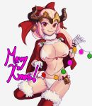  absurdres aliza_(granblue_fantasy) arumakan bikini bow breasts capelet christmas_lights cleavage commentary_request draph forehead_protector fur-trimmed_legwear fur_trim gloves granblue_fantasy hair_bow highres horns large_breasts long_hair looking_at_viewer merry_christmas pink_hair red_bow red_capelet red_eyes red_legwear smile solo swimsuit thighhighs white_bikini white_gloves 