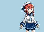  adrian_ferrer blue_background braid commentary cowboy_shot english_commentary etorofu_(kantai_collection) eyebrows_visible_through_hair hat kantai_collection neckerchief pleated_skirt purple_eyes red_hair sailor_hat school_uniform serafuku shorts shorts_under_skirt skirt smile solo twin_braids 