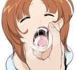  bangs brown_hair chin_grab closed_eyes girls_und_panzer henyaan_(oreizm) nishizumi_miho open_mouth parted_bangs pov pov_hands short_hair simple_background solo_focus suggestive_fluid tearing_up tongue uvula white_background 