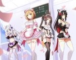  animal_ears apron bangs bare_shoulders black_hair black_legwear black_skirt blonde_hair blue_eyes blunt_bangs blush bow breasts brown_hair bunny_ears cleavage detached_sleeves dress dress_lift evasong frilled_apron frilled_dress frilled_skirt frilled_sleeves frills garter_straps hair_between_eyes hair_bow haru_estia highres iris_yuma large_breasts lily_bloomerchen long_hair looking_at_viewer low-tied_long_hair maid_headdress medium_breasts midriff miniskirt multiple_girls navel open_mouth pink_dress purple_bow red_bow red_eyes revealing_clothes shiny shiny_skin short_dress short_hair sidelocks silver_hair skirt small_breasts smile soul_worker standing stella_unibell thighhighs tied_hair twintails waist_apron white_apron white_legwear yellow_eyes 