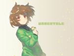  androgynous blush brown_background brown_hair chara_(undertale) closed_mouth colored_eyelashes copyright_name dutch_angle gradient gradient_background green_sweater heart heart_necklace jewelry long_sleeves looking_at_viewer oshiruko_(tsume) pendant petals red_eyes shiny shiny_hair short_hair smile sweater turtleneck undertale 