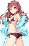  arashio_(kantai_collection) ass bangs bikini black_bikini blush breasts brown_eyes brown_hair commentary_request eyebrows_visible_through_hair gradient gradient_background highres kantai_collection long_hair looking_back navel open_mouth small_breasts smile solo swimsuit swimsuit_under_clothes twitter_username unacchi_(nyusankin) 