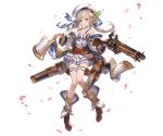  bangs belt beret blonde_hair blue_eyes boots bow breasts closed_mouth cucouroux_(granblue_fantasy) detached_sleeves dress full_body granblue_fantasy gun hair_bow hat holding holding_weapon holster long_hair long_sleeves looking_at_viewer medium_breasts minaba_hideo overskirt petals rifle short_dress skirt sleeveless smile solo standing transparent_background twintails weapon 