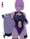  ass_visible_through_thighs bare_shoulders black_legwear breasts cleavage cleavage_cutout closed_mouth color_guide cowboy_shot elbow_gloves embarrassed fate/grand_order fate_(series) gloves grey_jacket groin highleg highleg_leotard jacket leotard light_frown looking_away looking_to_the_side mash_kyrielight nakahara_(mu_tation) navel navel_cutout off_shoulder open_clothes open_jacket pink_hair purple_eyes purple_gloves purple_leotard short_hair simple_background single_thighhigh solo standing thighhighs undressing unzipped white_background 