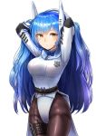  absurdres arms_behind_head bad_id bad_pixiv_id bangs belt black_legwear blue_bow blue_hair blue_neckwear blush bow bowtie breasts closed_mouth commentary cowboy_shot eyebrows_visible_through_hair girls_frontline groin gui_ss hair_between_eyes headgear highres jacket large_breasts leotard long_hair looking_at_viewer pantyhose sidelocks simple_background solo tar-21_(girls_frontline) thigh_strap thighs very_long_hair white_background white_leotard yellow_eyes 