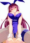  1girl absurdres animal_ears bare_shoulders breasts breasts_outside bunny_ears bunnysuit fate/grand_order fate_(series) fishnet_pantyhose fishnets hairband highres huge_filesize kure_masahiro large_breasts long_hair looking_at_viewer naughty_face nipples pantyhose purple_hair red_eyes scan scathach_(fate)_(all) scathach_(fate/grand_order) simple_background source_request straddling translation_request very_long_hair white_background wrist_cuffs 