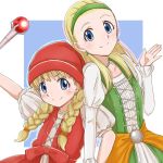  bead_necklace beads blonde_hair blue_eyes braid dragon_quest dragon_quest_xi earrings hairband halsya hand_up hat highres jewelry medium_hair multiple_girls necklace puffy_short_sleeves puffy_sleeves red_hat scepter senya_(dq11) short_sleeves smile twin_braids veronica_(dq11) 