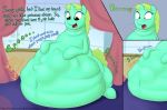  2015 augustbebel belly big_belly burping digestion english_text equine female fur green_fur green_hair hair horn mammal my_little_pony open_mouth orange_eyes overweight smile solo text tongue unicorn vore whoa_nelly_(mlp) 
