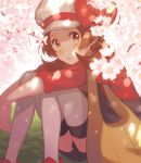  1girl bag bow brown_hair female female_focus flower full-color hat kotone_(pokemon) red_shirt sakura_flowers shirt 