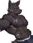  2018 abs anixis anthro biceps black_fur canine clothed clothing conditional_dnp digital_media_(artwork) fur hi_res male mammal muscular muscular_male nipples pecs shorts simple_background solo tattoo topless white_background wolf 