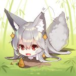  :d absurdly_long_hair all_fours animal_ears bamboo bamboo_forest bamboo_shoot chibi day forest fox_ears fox_girl fox_tail japanese_clothes kimono long_hair long_sleeves nature open_mouth original outdoors red_eyes silver_hair smile solo sparkle tail tail_raised tail_wagging very_long_hair white_kimono yuuji_(yukimimi) 