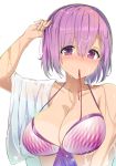  arm_at_side bangs bikini blush breasts cleavage closed_mouth collarbone commentary_request eyebrows eyebrows_visible_through_hair eyelashes fate/grand_order fate_(series) front-tie_bikini front-tie_top hair_between_eyes hand_in_hair highres large_breasts looking_at_viewer mash_kyrielight mouth_hold navel purple_bikini_top purple_hair purple_ribbon red_ribbon ribbon ribbon_in_mouth see-through shiny shiny_hair shirt short_hair simple_background smile solo standing swimsuit upper_body water wet wet_clothes wet_hair wet_shirt white_background white_bikini wide_sleeves xiaodi 