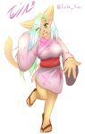  2015 anthro big_breasts blue_hair breasts brown_fur claws clothed clothing cute feline female footwear fur green_eyes hair hi_res inner_ear_fluff japanese_clothing kimono long_hair looking_at_viewer mammal obi open_mouth sandals simple_background solo tailzkim teeth text tongue white_background zori 