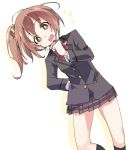  :d aiura amaya_kanaka bangs black_jacket black_legwear blazer blush bow brown_eyes brown_hair brown_skirt collared_shirt eyebrows_visible_through_hair hair_between_eyes hair_ornament hair_scrunchie ixy jacket kneehighs leaning_to_the_side looking_at_viewer one_side_up open_mouth plaid plaid_skirt pleated_skirt red_bow school_uniform scrunchie shirt short_hair skirt smile solo white_shirt yellow_scrunchie 