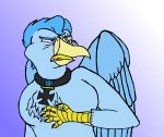  2018 anthro avian beak bird blue_eyes blue_feathers blue_skin blue_wings chest_tuft disgusted erik_krieg feathers iron_cross male phoenix phoenixkrieg reaction_image scar solo tuft wings 