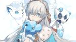  alolan_form alolan_vulpix anastasia_(fate/grand_order) bangs black_eyes blue_eyes blush closed_mouth crossover cubchoo expressionless eyebrows_visible_through_hair fate/grand_order fate_(series) froslass fur_collar gen_4_pokemon gen_5_pokemon gen_7_pokemon hair_ornament hair_over_one_eye leaf_hair_ornament long_hair looking_at_viewer newo_(shinra-p) pokemon pokemon_(creature) shiny shiny_hair silver_hair snot straight_hair trait_connection two-tone_background upper_body very_long_hair 