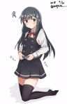  asashio_(kantai_collection) belt black_hair black_legwear blue_eyes commentary_request dated dress eyebrows_visible_through_hair full_body highres kantai_collection long_hair long_sleeves meguru_(megurunn) neck_ribbon pinafore_dress red_ribbon remodel_(kantai_collection) ribbon school_uniform shirt simple_background solo thighhighs twitter_username white_background white_shirt 