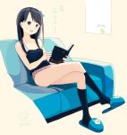  :d animal bare_arms bare_shoulders bird black_camisole black_legwear blue_footwear book bow bow_panties brown_eyes brown_hair camisole collarbone couch crossed_legs head_tilt highres holding holding_book kneehighs kokudou_juunigou on_couch open_book open_mouth original panties pink_panties polka_dot polka_dot_camisole reclining signature sitting slippers smile solo translated underwear upper_teeth 