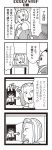  4koma :&gt; :3 bangs bkub blunt_bangs blush calimero_(bkub) chakapi comic emphasis_lines greyscale halftone highres honey_come_chatka!! jacket jewelry monochrome multiple_girls necklace open_door scarf scrunchie shirt short_hair simple_background smug speech_bubble talking television topknot translation_request triangle_mouth watching_television white_background 