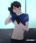  adonis_belt artist_name black_gloves black_hair blush brown_eyes gearous gloves katsuki_yuuri lifted_by_self male_focus one_eye_closed open_mouth shirt_lift sweat toned toned_male yuri!!!_on_ice 