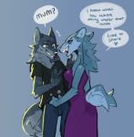  2018 anthro blue_eyes canine cheek_tuft clothing dialogue dress duo english_text female fur grey_background grey_fur imminent_incest male mammal mother mother_and_son nox_(artist) parent red_eyes simple_background son speech_bubble teeth text tuft undressing wolf 