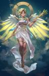  alternate_costume anna_lynn artist_name blonde_hair blue_eyes blue_sky breasts cloud cloudy_sky commentary dress english_commentary feathered_wings full_body head_wreath high_ponytail holding holding_staff laurel_crown logo looking_at_viewer mechanical_wings medium_breasts mercy_(overwatch) nose overwatch pelvic_curtain pink_lips sandals short_hair short_sleeves signature sky solo staff toes toga white_dress winged_victory_mercy wings yellow_wings 