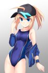  artoria_pendragon_(all) baseball_cap blonde_hair blue_eyes blue_jacket breasts collarbone competition_swimsuit cross_(crossryou) fate/grand_order fate_(series) gradient gradient_background hair_through_headwear hat highres jacket looking_at_viewer medium_breasts mysterious_heroine_x one-piece_swimsuit open_clothes open_jacket short_hair smile solo standing swimsuit track_jacket 