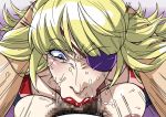  1girl anyamal_tantei_kirumin_zoo areolae blonde_hair blue_eyes blush breasts breasts_outside censored cirima close-up cum cum_in_mouth deepthroat ejaculation eyebrows eyebrows_visible_through_hair eyepatch fellatio hands_on_another&#039;s_head hatori_misa highres huge_breasts lips lipstick long_hair looking_at_viewer mosaic_censoring nose open_clothes oral penis pov red_lips solo_focus tears thick_lips volvox 