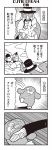  2girls 4koma :3 backpack bag bangs bkub blunt_bangs buck_teeth calimero_(bkub) chakapi closed_eyes coat comic creature damaged emphasis_lines facial_hair formal glasses greyscale halftone hat highres honey_come_chatka!! kicking monochrome motion_lines multiple_girls mustache necktie pose rock scrunchie shirt short_hair simple_background speech_bubble speed_lines suit talking topknot translation_request white_background 