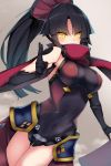  absurdres bangs black_hair blush breasts commentary_request covered_navel elbow_gloves eyebrows_visible_through_hair fate/grand_order fate_(series) fingers_together gloves hair_ornament highres katou_danzou_(fate/grand_order) large_breasts leotard long_hair nanakaku ninpo ponytail red_scarf robot_joints scarf sleeveless solo thighs yellow_eyes 