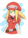  bangs belt blonde_hair blush breast_pocket capcom hat long_hair looking_at_viewer looking_to_the_side muu_(mumumer) pocket red_hat rockman rockman_dash roll_caskett short_sleeves sidelocks smile solo upper_body zipper zipper_pull_tab 