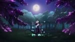  barefoot forest full_moon grass highres horns long_hair looking_at_viewer looking_back moon nature night open_mouth original outdoors paintrfiend patreon_username pointy_ears ponytail red_eyes smile solo standing standing_on_one_leg tail watermark web_address white_hair wide_sleeves 