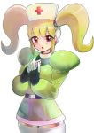  anna_(rockman_zx) bangs belt blonde_hair blush breasts byte_(grunty-hag1) commentary_request cowboy_shot eyebrows_visible_through_hair gloves hand_on_own_chest hands_together hat large_breasts long_eyelashes long_hair nurse nurse_cap open_mouth puffy_sleeves robot_ears rockman rockman_zx rockman_zx_advent sidelocks skirt solo thighhighs twintails white_background zettai_ryouiki 
