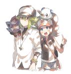  1boy 1girl brown_hair green_eyes green_hair long_hair male_focus minagawa n_(pokemon) open_mouth oshawott pokemon pokemon_(game) pokemon_bw ponytail simple_background smile touko_pokemon vest 