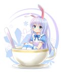  1girl absurdres agung_syaeful_anwar alice_(wonderland) alice_(wonderland)_(cosplay) alice_in_wonderland animal_ears apron blue_eyes blue_hair blue_legwear blue_neckwear blush bow bowtie bunny_ears commentary cosplay cup english_commentary eyebrows_visible_through_hair gochuumon_wa_usagi_desu_ka? highres in_container in_cup kafuu_chino long_hair looking_at_viewer pantyhose parted_lips puffy_short_sleeves puffy_sleeves short_sleeves sitting solo spoon striped striped_legwear teacup tray white_apron 