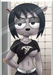 anthro areola_slip belt black_hair black_nose breasts caprine clenched_teeth clothed clothing eyelashes female front_view grey_eyes grey_nipples grey_skin hair half-closed_eyes half-length_portrait horn inside itimu looking_at_viewer mammal midriff mirror navel nipples one_breast_out pants parappa_the_rapper portrait rammy revtilian sheep shirt solo sr standing t-shirt teeth tired toony um_jammer_lammy under_boob video_games 