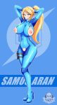  1girl areolae arms_behind_head artist_name blonde_hair blue_eyes bodysuit breast_cutout breasts character_name crotch_cutout gradient_background ilustretsspoks large_breasts looking_at_viewer metroid mole mole_under_mouth nintendo nipples ponytail pussy samus_aran skin_tight solo torn_clothes uncensored zero_suit 