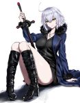  ahoge bangs black_dress blue_coat boots breasts coat commentary dress eyebrows_visible_through_hair fate/grand_order fate_(series) fur-trimmed_coat fur_trim high_heel_boots high_heels highres jeanne_d'arc_(alter)_(fate) jeanne_d'arc_(fate)_(all) jewelry knee_boots knees_up large_breasts looking_at_viewer necklace nozoyuki open_clothes open_coat short_dress silver_hair simple_background sitting smile solo sword thighs weapon white_background wicked_dragon_witch_ver._shinjuku_1999 yellow_eyes 