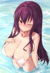  ayumu_(ayumu3659) bikini blush breasts closed_mouth fate/grand_order fate_(series) from_above highres huge_breasts long_hair looking_to_the_side one_eye_closed purple_hair red_eyes scathach_(fate)_(all) scathach_(fate/grand_order) solo sparkle swimsuit wading water wet white_bikini 